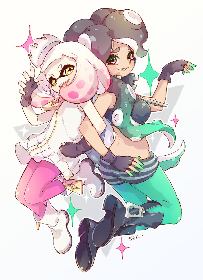 +_+, 2girls, back-to-back, black_footwear, black_hair, black_shirt, black_shorts, commentary, crop_top, crown, dark_skin, domino_mask, dress, fingerless_gloves, gloves, gradient_hair, green_hair, green_nails, grin, locked_arms, long_hair, looking_at_viewer, marina_(splatoon), mask, medium_hair, mole, mole_under_mouth, multicolored, multicolored_eyes, multicolored_hair, multiple_girls, nail_polish, octarian, open_mouth, pantyhose, pearl_(splatoon), pink_hair, pose, sen_squid, shirt, short_dress, short_shorts, shorts, sleeveless, sleeveless_dress, sleeveless_shirt, smile, sparkle, splatoon, splatoon_(series), splatoon_2, standing, tentacle_hair, white_background, white_dress, white_footwear, white_hair, yellow_eyes, zipper, zipper_pull_tab