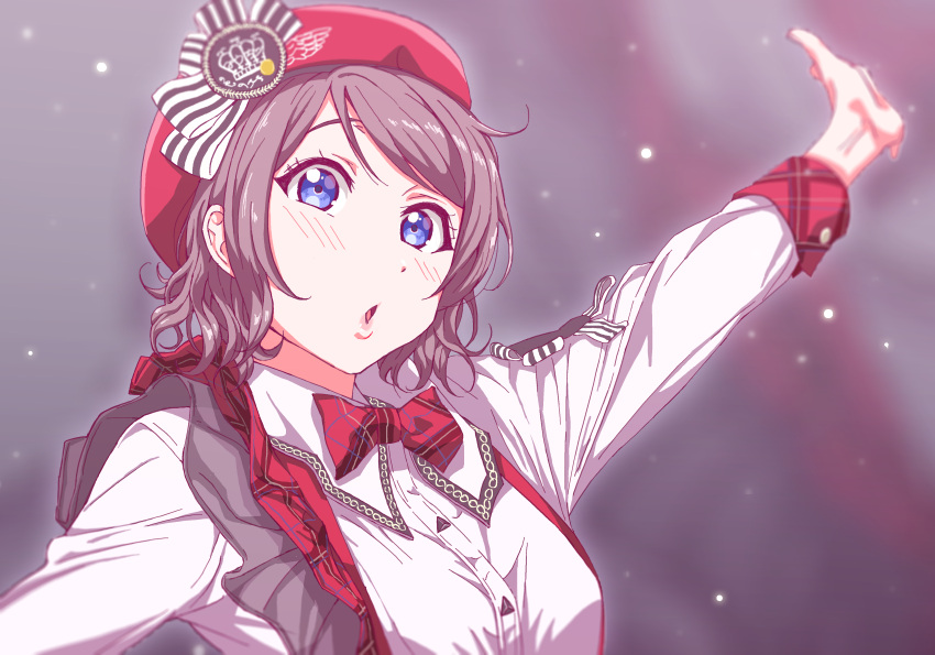 1girl, :o, absurdres, arm_up, beret, blue_eyes, bow, bowtie