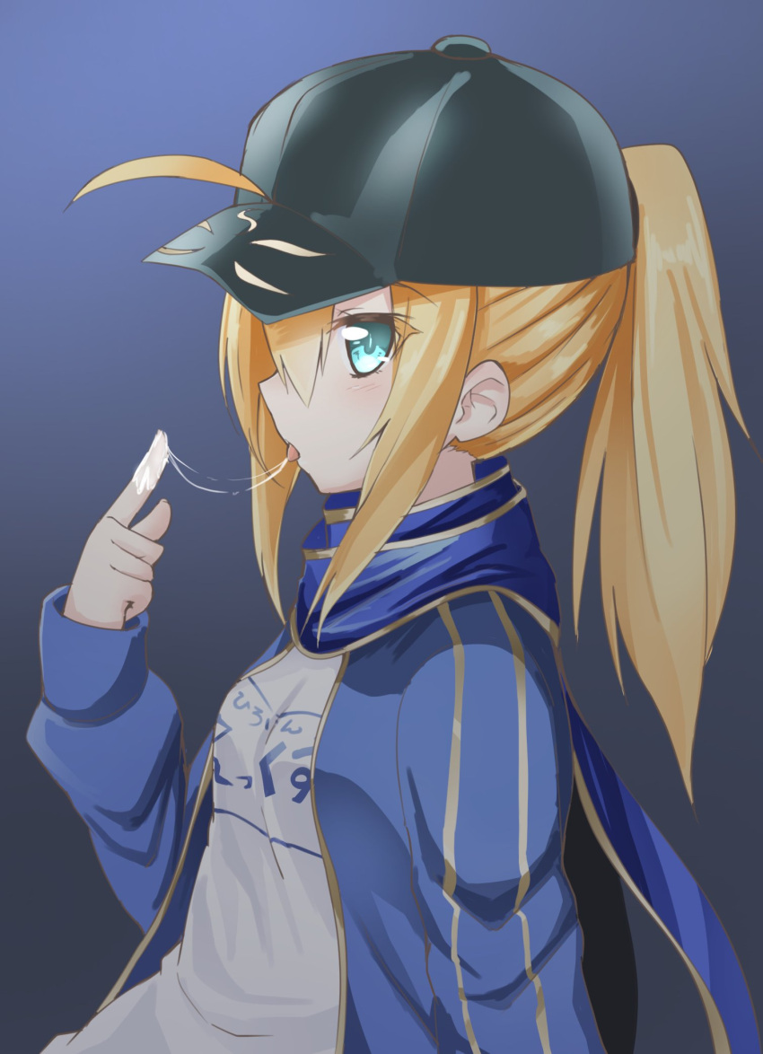 1girl, artoria_pendragon_(all), baseball_cap, black_hat, blonde_hair, blue_jacket, blue_scarf, fate/grand_order
