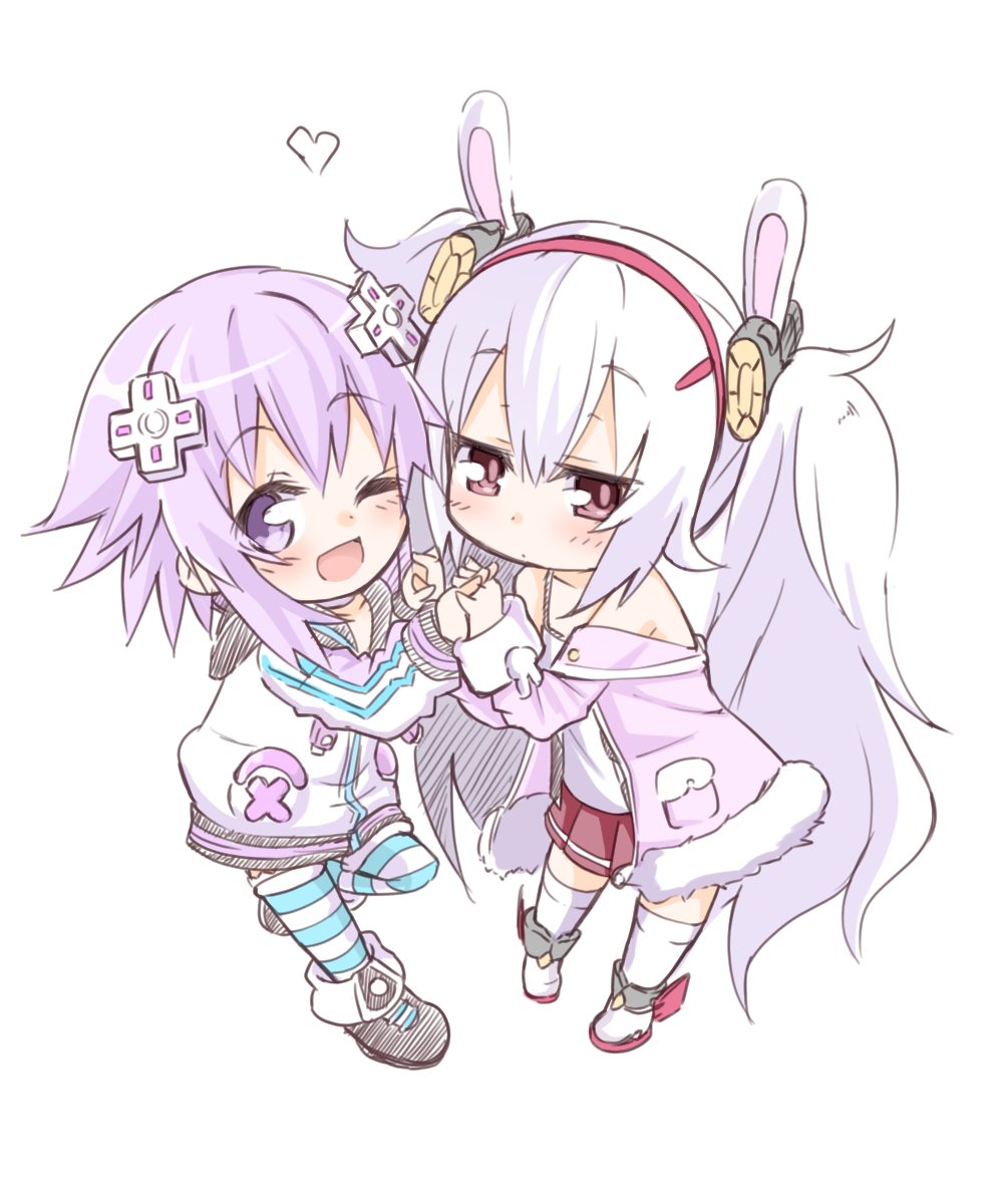 2girls, animal_ears, azur_lane, blush, d-pad, d-pad_hair_ornament, fake_animal_ears, hair_ornament, hairband, highres, hood, hoodie, laffey_(azur_lane), long_hair, looking_at_viewer, multiple_girls, neptune_(choujigen_game_neptune), neptune_(series), niwaka_potato, purple_hair, rabbit_ears, red_eyes, striped, striped_legwear, twintails, violet_eyes, white_legwear