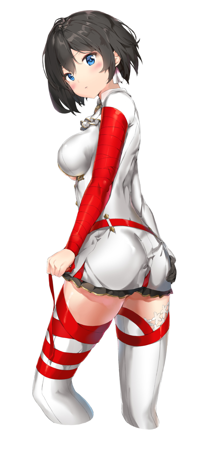 1girl, absurdres, ascot, ass, ass_grab, asymmetrical_clothes, asymmetrical_sleeves, bandage