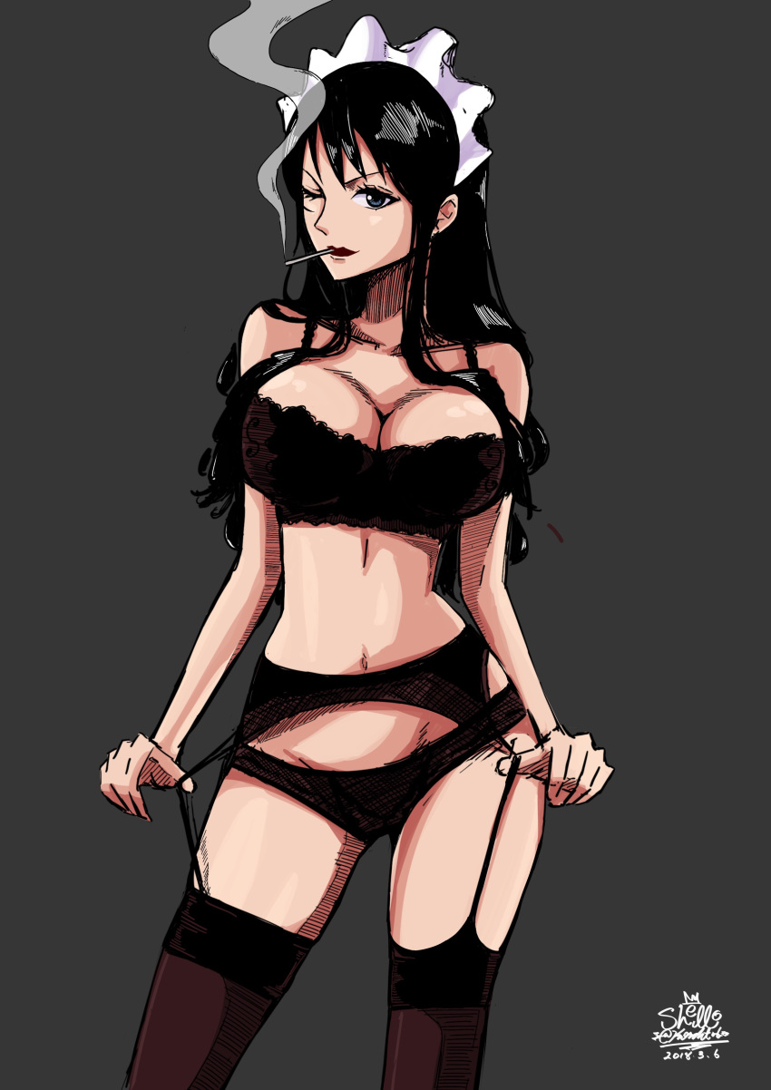 1girl, absurdres, artist_name, baby_5, black_bra, black_hair, black_legwear, black_lipstick