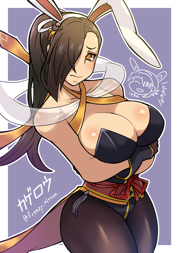 1girl, animal_ears, blush, breasts, brown_eyes, brown_hair, bunny_girl, bunny_tail, bunnysuit, cleavage, detached_collar, fake_animal_ears, fire_emblem, fire_emblem_heroes, fire_emblem_if, fishnet_pantyhose, fishnets, hair_over_one_eye, kagerou_(fire_emblem_if), kyouran_souryuu, large_breasts, leotard, long_hair, ninja, pantyhose, ponytail, rabbit_ears, sharena, solo, tail, wrist_cuffs