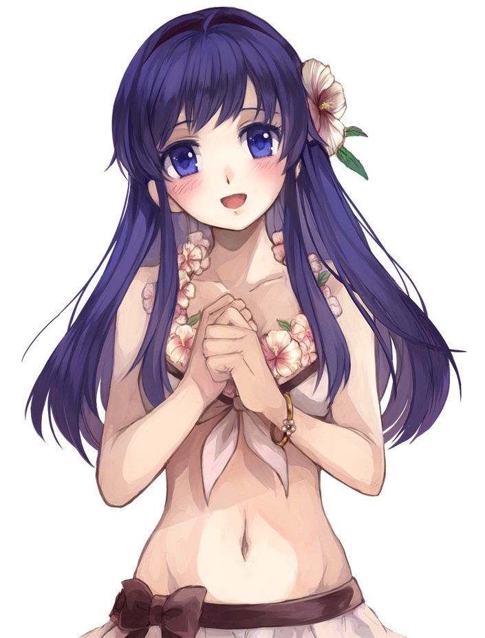 1girl, bikini, blue_eyes, blue_hair, blush, breasts, female_my_unit_(fire_emblem_if), fire_emblem, fire_emblem:_fuuin_no_tsurugi, fire_emblem_heroes, fire_emblem_if, hairband, jurge, lilina, long_hair, looking_at_viewer, my_unit_(fire_emblem_if), my_unit_(fire_emblem_if)_(cosplay), navel, open_mouth, simple_background, smile, solo, swimsuit, white_background