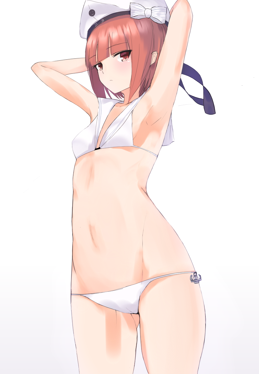 1girl, armpits, arms_up, auburn_hair, bikini, brown_eyes, clothes_writing, cowboy_shot, flat_chest, gluteal_fold, groin, hat, highres, kantai_collection, looking_at_viewer, lowleg, lowleg_bikini, redhead, sailor_bikini, sailor_collar, sailor_hat, short_hair, simple_background, solo, swimsuit, tsubapi_(pupi57), white_background, white_bikini, white_hat, z3_max_schultz_(kantai_collection)