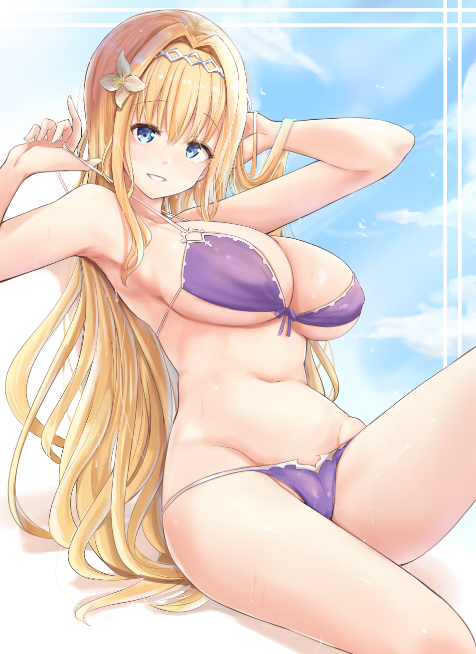 1girl, bangs, bare_shoulders, bikini, blonde_hair, blue_eyes, blush, breasts