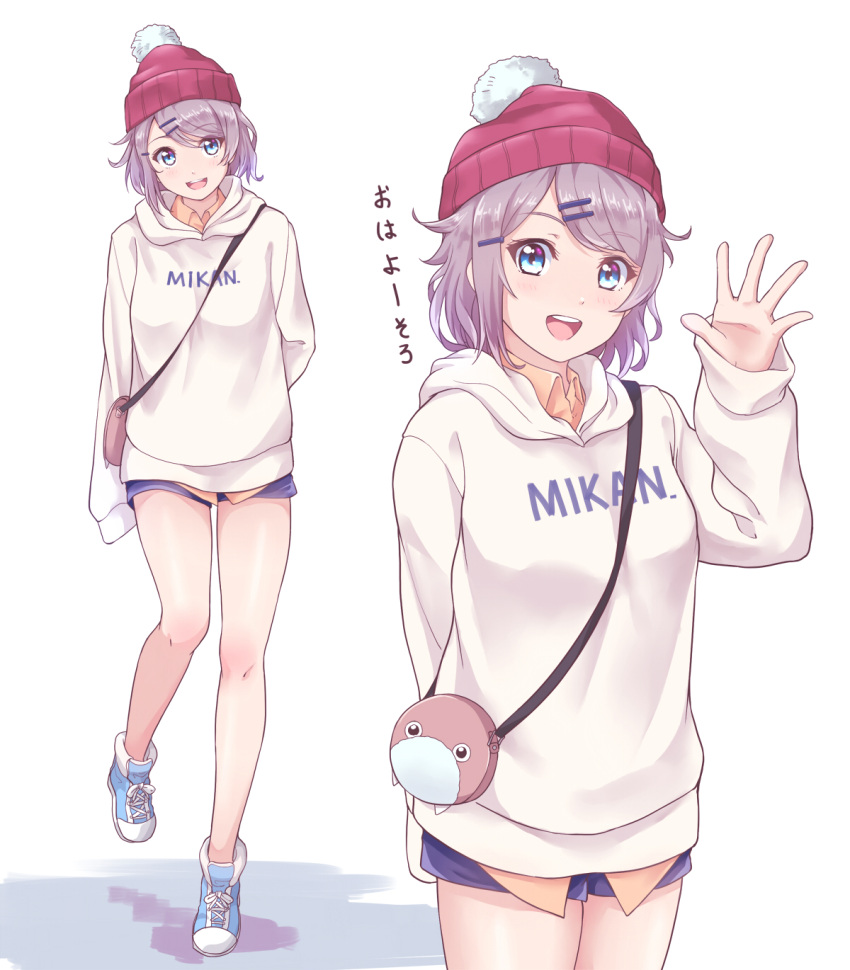 1girl, :d, arm_behind_back, bag, beanie, blue_eyes, blue_footwear, blue_shorts
