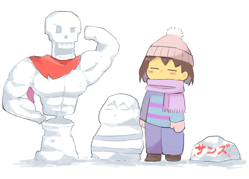 =_=, androgynous, beanie, frisk_(undertale), full_body, hat, mittens, papyrus_(undertale)
