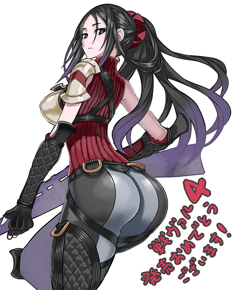 1girl, armor, ass, bangs, black_eyes, black_hair, breasts, commentary