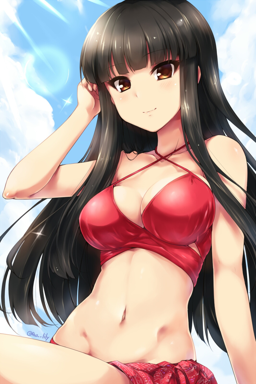 1girl, arm_at_side, arm_up, bangs, bare_arms, bare_shoulders, bikini, black_hair