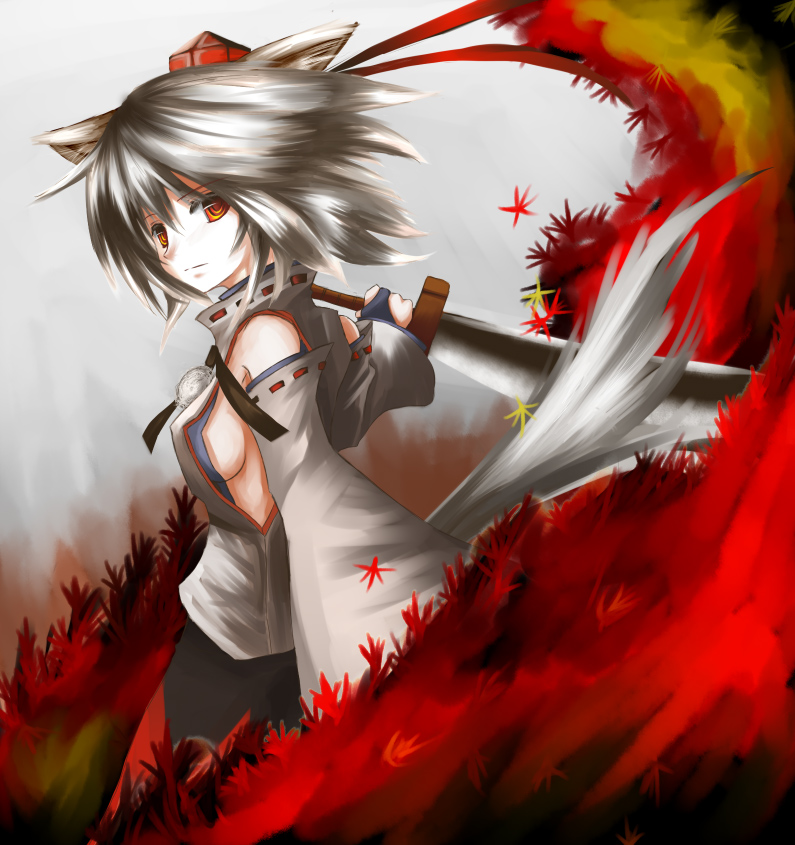animal_ears, bad_id, bare_shoulders, breasts, detached_sleeves, hat, inubashiri_momiji, red_eyes