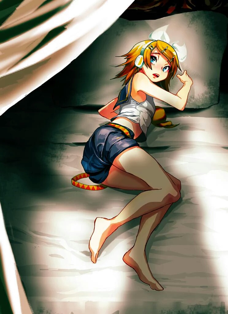 1girl, aqua_eyes, bare_arms, bare_legs, barefoot, bed, blonde_hair, blue_eyes