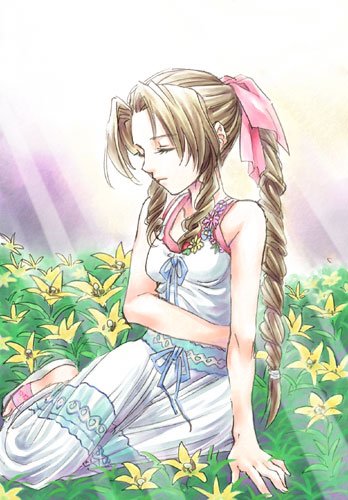 1girl, aerith_gainsborough, final_fantasy, final_fantasy_vii, flower, kimagureneko, lowres, solo
