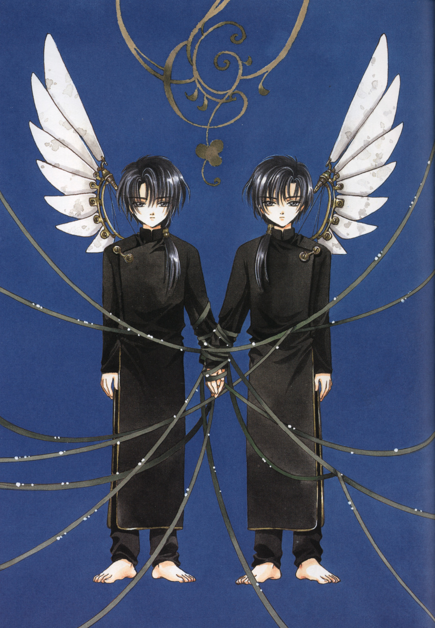 2boys, a_(clover), absurdres, angel_wings, bangs, barefoot, black_eyes, black_hair