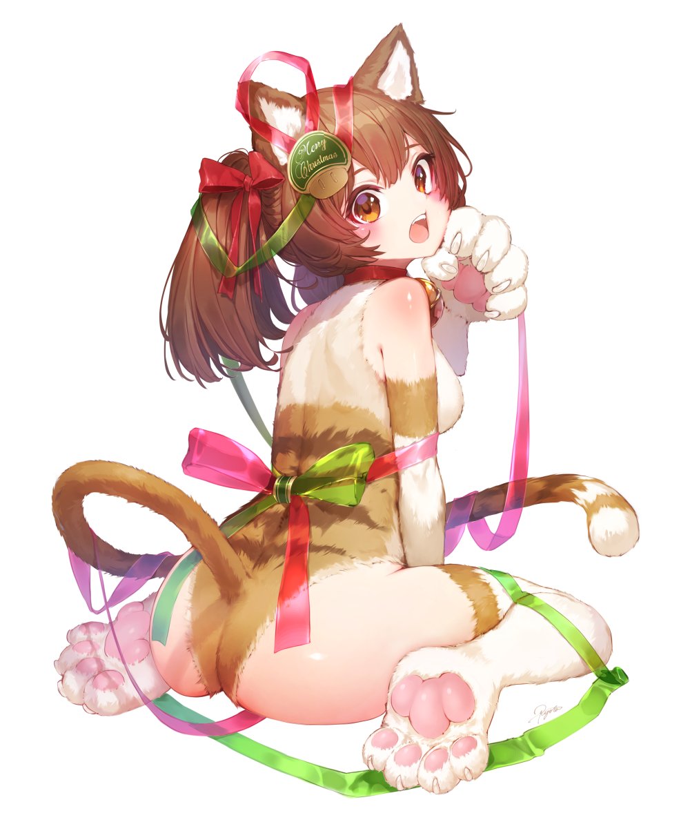 1girl, 1up, animal_ears, ass, back, bangs, bare_shoulders, bell