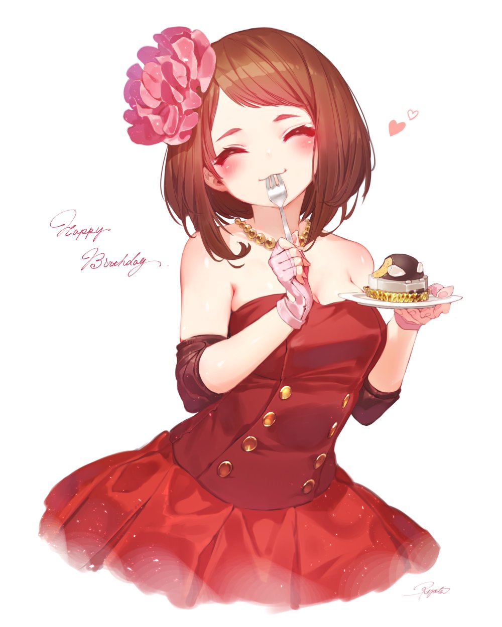 1girl, :3, ^_^, alternate_costume, bangs, bare_shoulders, bead_necklace, beads, blush, boku_no_hero_academia, breasts, brown_hair, buttons, cake, cleavage, closed_eyes, collarbone, commentary_request, cursive, detached_sleeves, dress, eating, english, facing_viewer, fingerless_gloves, fingernails, food, fork, fork_in_mouth, gloves, hair_ornament, hair_scrunchie, hakura_kusa, happy, happy_birthday, head_tilt, heart, highres, holding, holding_fork, holding_plate, jewelry, medium_breasts, medium_hair, necklace, no.13, pink_gloves, pink_scrunchie, plate, pleated_dress, red_dress, scrunchie, shiny, shiny_hair, shiny_skin, signature, simple_background, smile, solo, strapless, strapless_dress, swept_bangs, taut_clothes, taut_dress, uraraka_ochako, white_background, |3