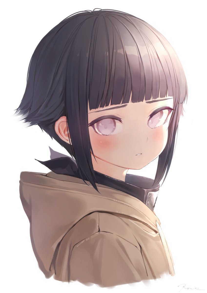 1girl, bangs, black_hair, blunt_bangs, blush, brown_hoodie, cropped_torso, drawstring, forehead_protector, from_side, hakura_kusa, headband_around_neck, highres, hood, hood_down, hoodie, hyuuga_hinata, lavender_eyes, light, looking_at_viewer, looking_to_the_side, naruto, parted_lips, short_hair, sidelocks, signature, simple_background, solo, upper_body, white_background