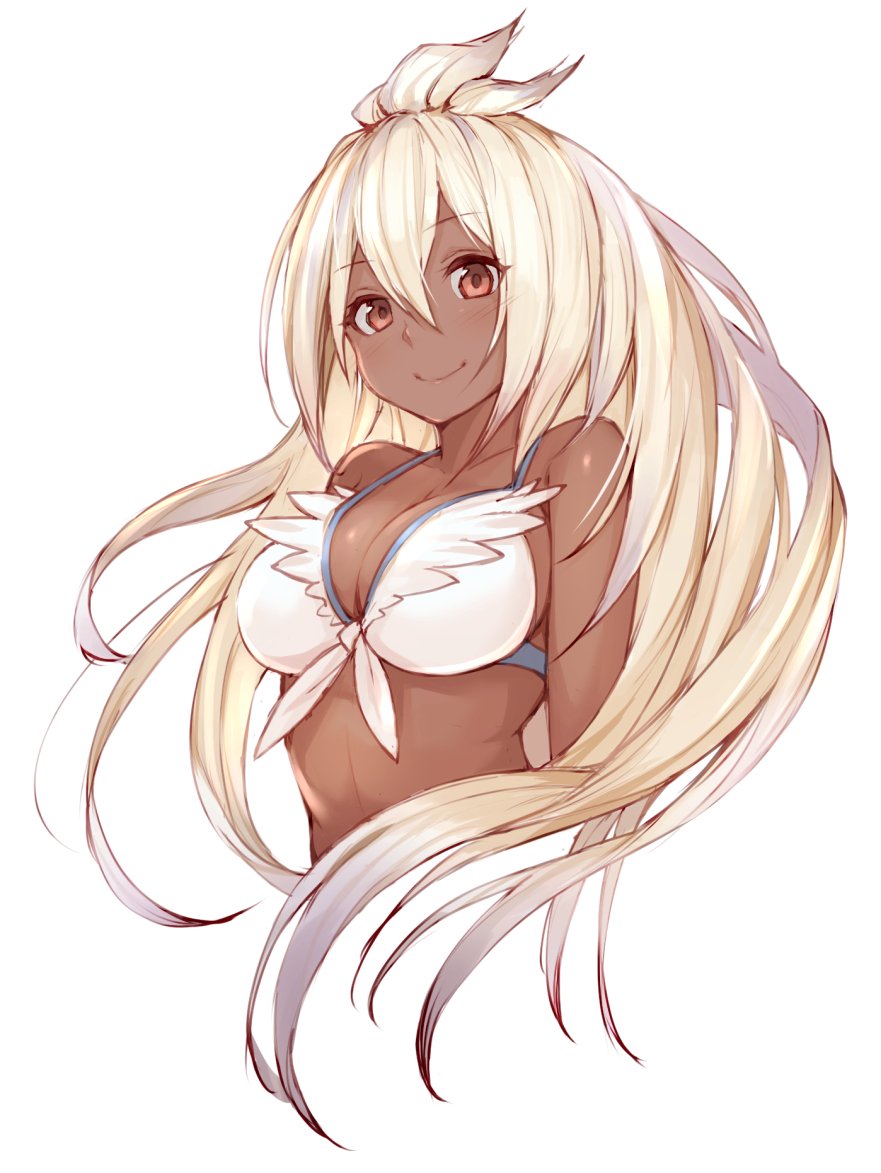 1girl, ahoge, bare_shoulders, bikini, blush, breasts, cleavage, dark_skin