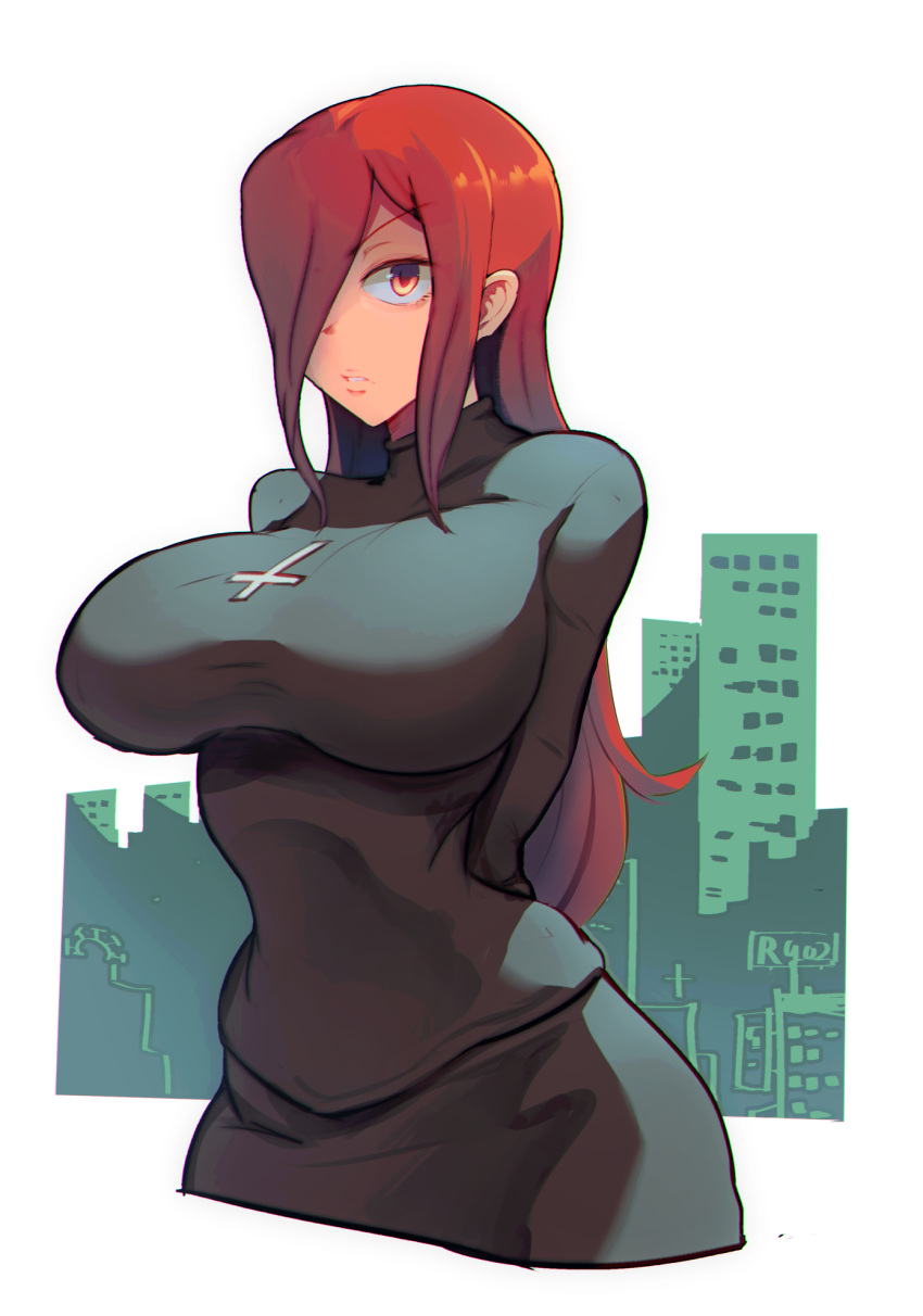 1girl, arms_behind_back, breasts, building, cross, dress, hair_over_one_eye, highres