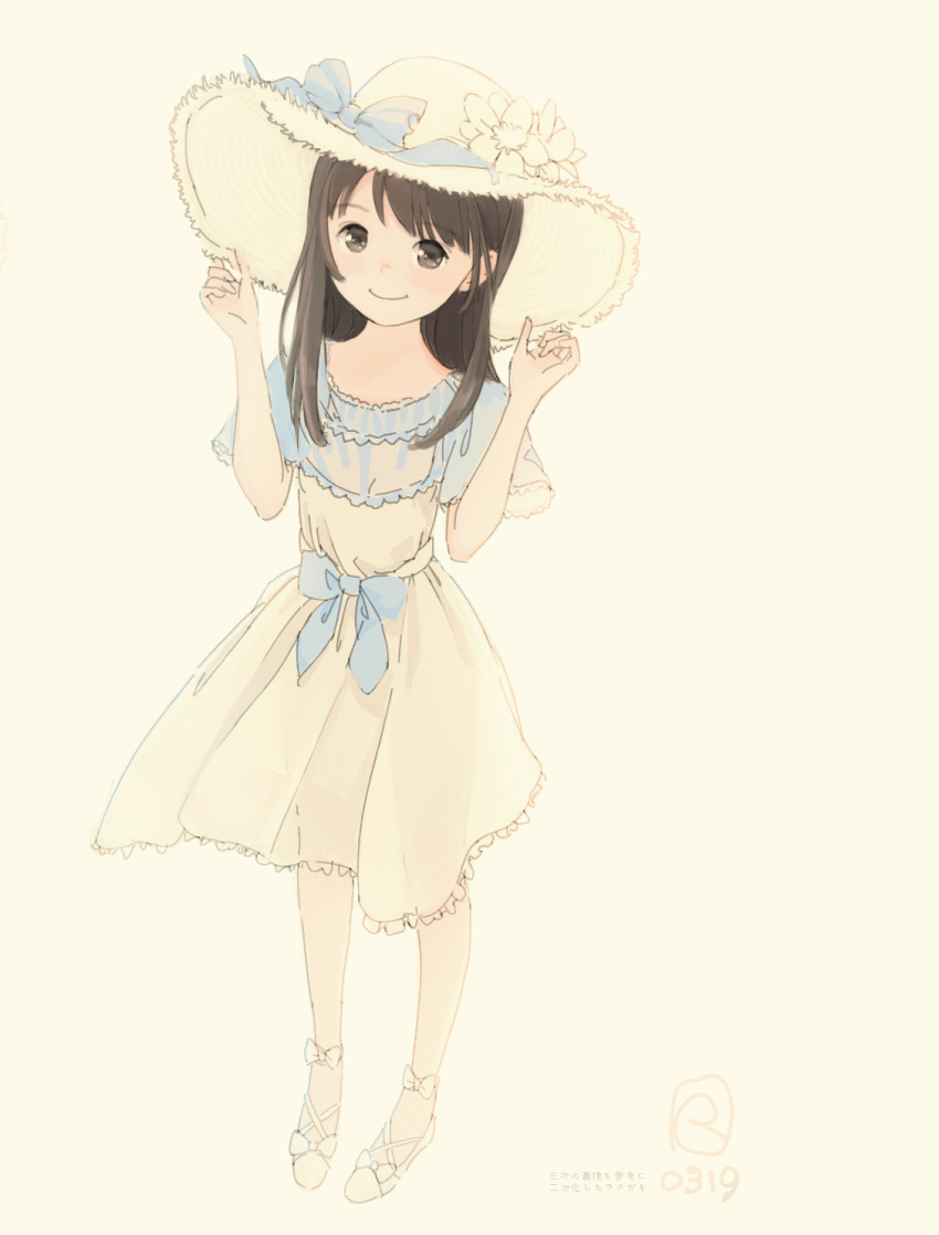 1girl, bangs, beige_background, beige_dress, beige_footwear, beige_hat, blue_bow, bow
