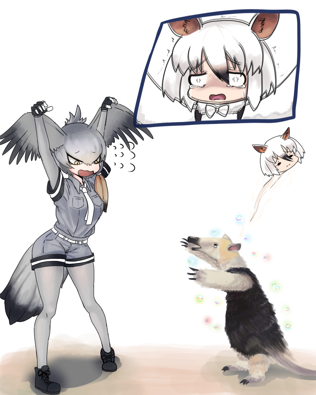 2girls, animal, animal_ears, arms_up, bangs, bird_tail, bird_wings, black_gloves