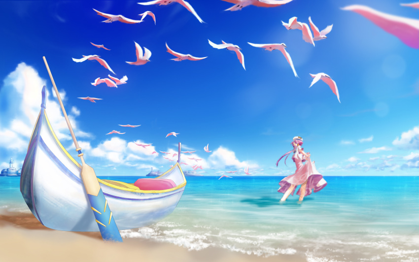 1girl, aria, beach, bird, blurry, blurry_background, gondola, hat