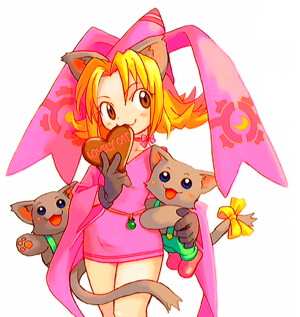 blonde_hair, bow, cat, chocolate, dress, hat, marl_kingdom, myao