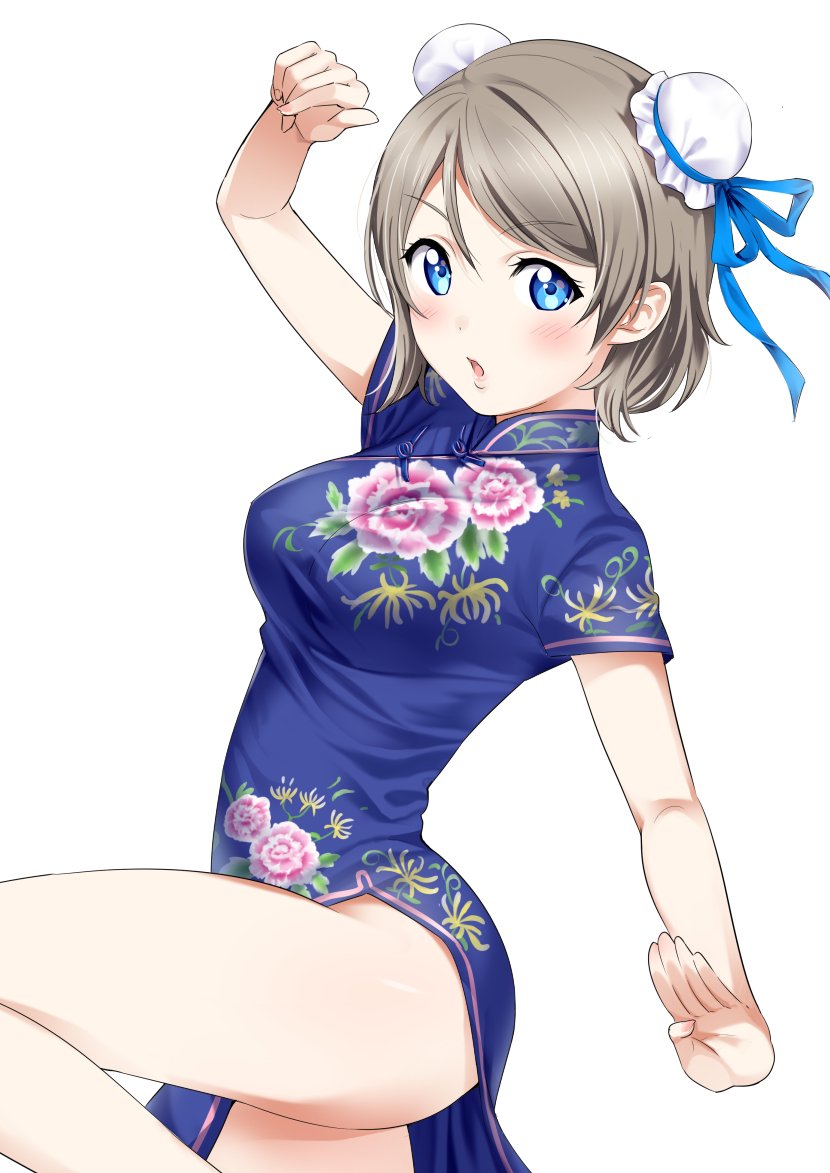 1girl, :o, =o, ass, blue_eyes, breasts, china_dress, chinese_clothes, dress, eyebrows_visible_through_hair, floral_print, hair_bun, hair_ribbon, love_live!, love_live!_sunshine!!, medium_breasts, open_mouth, pose, ribbon, rozen5, short_hair, simple_background, solo, watanabe_you, white_background