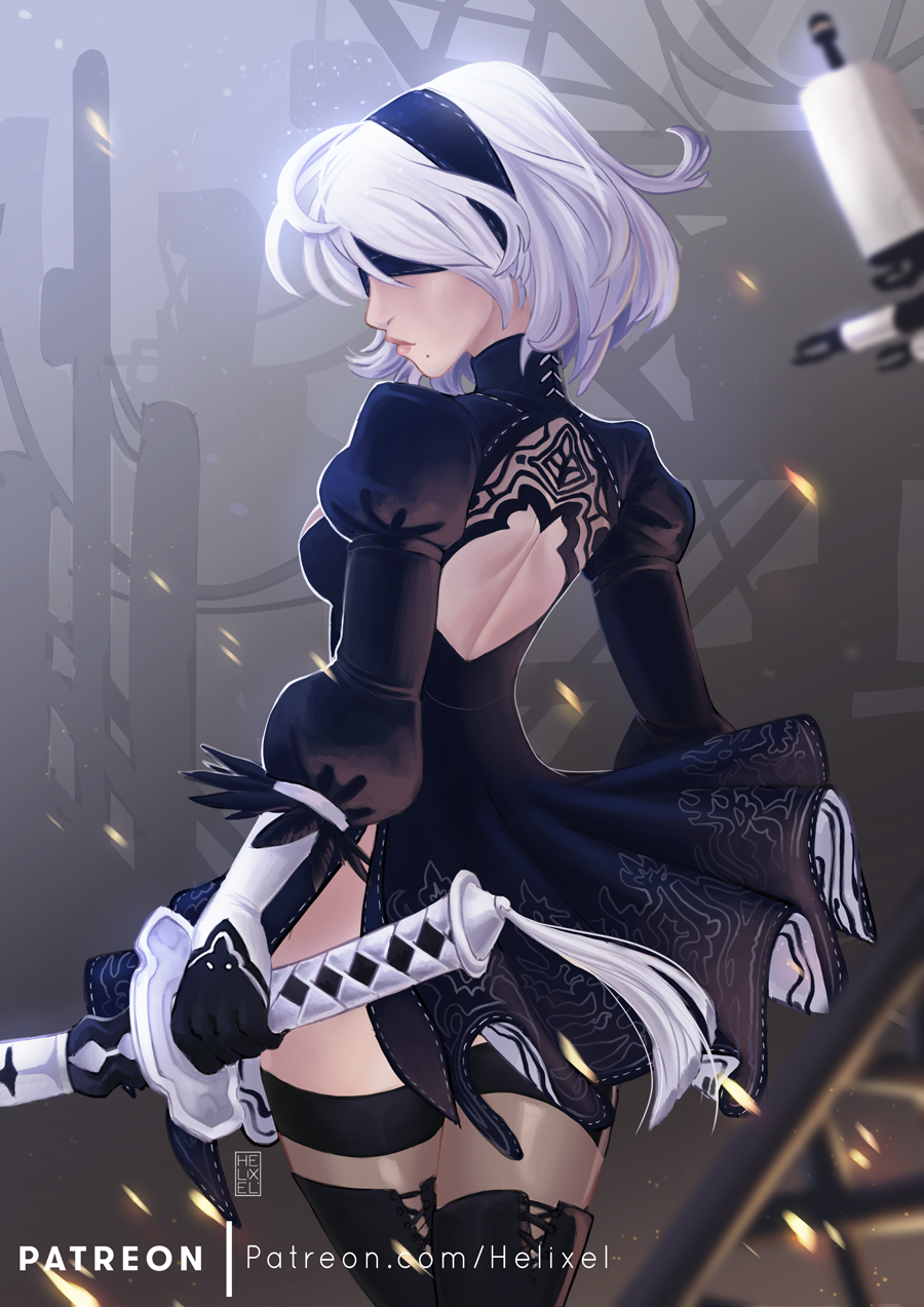 1girl, back_cutout, black_dress, black_gloves, black_hairband, blindfold, boots, breasts