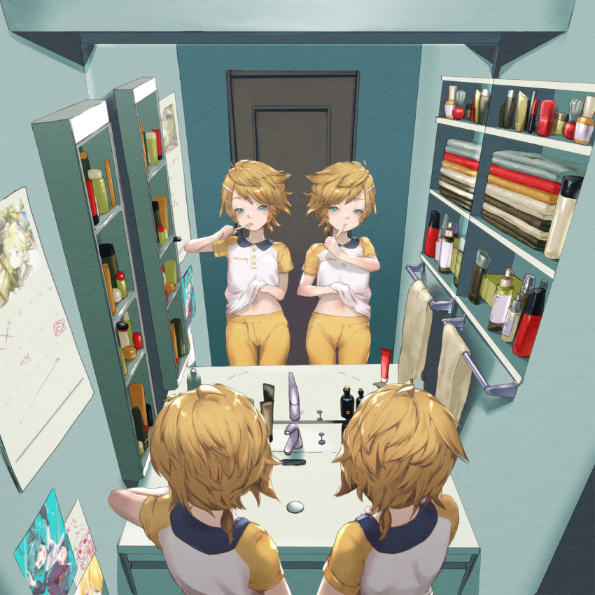 1boy, 1girl, androgynous, aqua_eyes, bathroom, blonde_hair, brother_and_sister, brushing_teeth