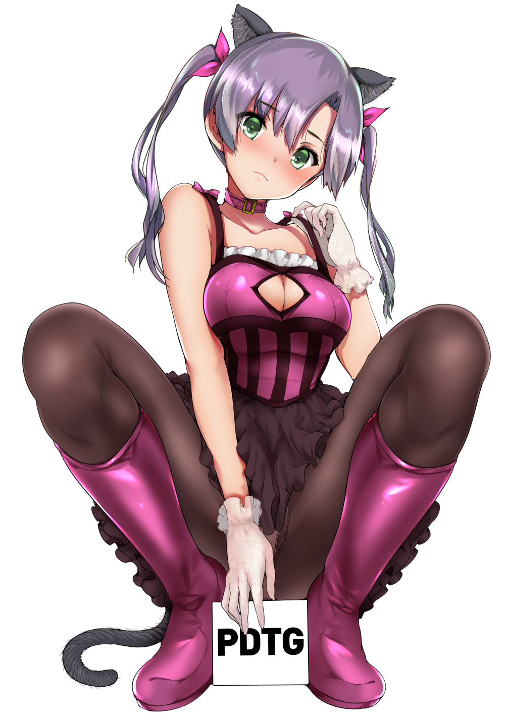 1girl, animal_ears, bangs, black_legwear, black_skirt, blush, boots, bow