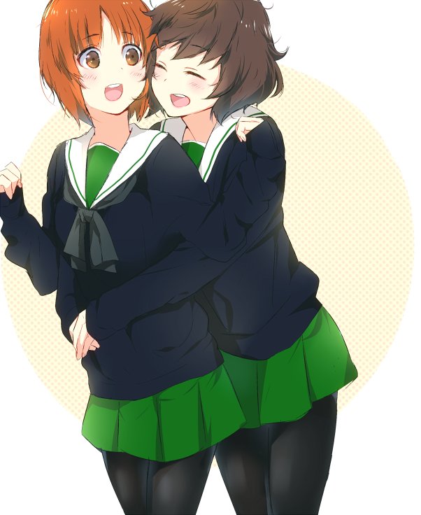 2girls, :d, adapted_uniform, akiyama_yukari, bangs, black_legwear, black_neckwear, black_sweater