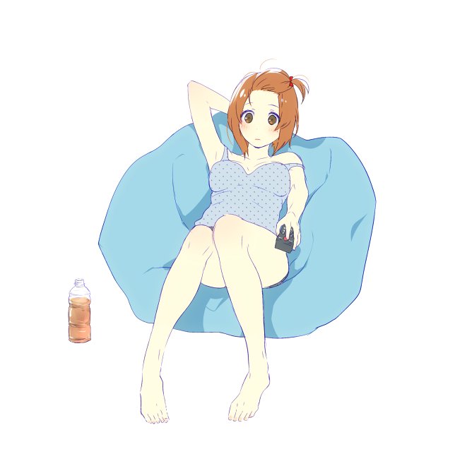 1girl, bangs, bean_bag_chair, blue_shirt, bottle, bow, brown_eyes, brown_hair