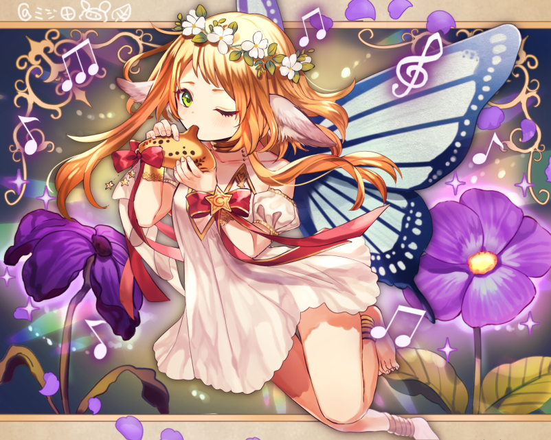 1girl, ;), animal_ears, anklet, bare_shoulders, barefoot, beamed_quavers, blonde_hair