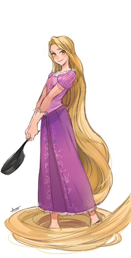 1girl, absurdly_long_hair, ano_(sbee), artist_name, blonde_hair, disney, dress, eyebrows_visible_through_hair, frying_pan, green_eyes, happy, long_hair, long_sleeves, looking_away, puffy_sleeves, purple_dress, rapunzel_(disney), simple_background, smile, standing, tangled, tangled_(film), very_long_hair, white_background
