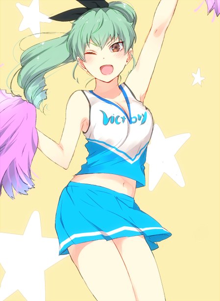 1girl, ;d, alternate_costume, anchovy, arm_up, bangs, black_bow, blue_shirt