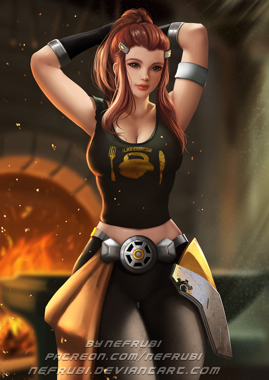 1girl, armpits, arms_up, breasts, brigitte_(overwatch), brown_eyes, brown_hair, cleavage