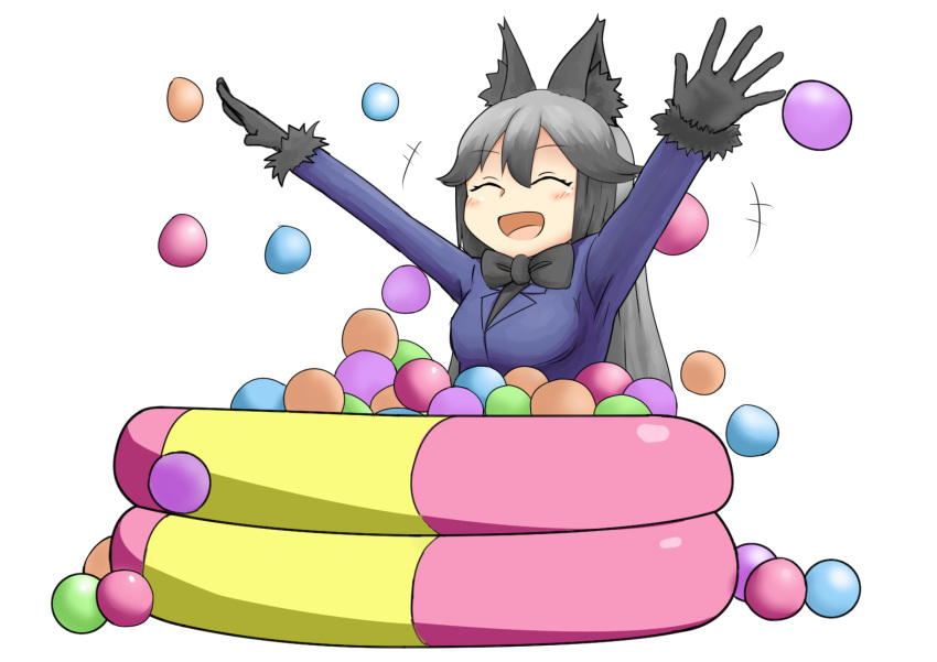 1girl, animal_ears, arms_up, ball, ball_pit, black_bow, black_hair, blush