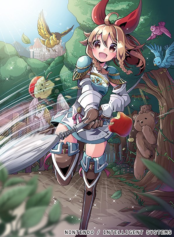 apple, bear, bird, boots, bow, braid, brown_eyes, brown_hair