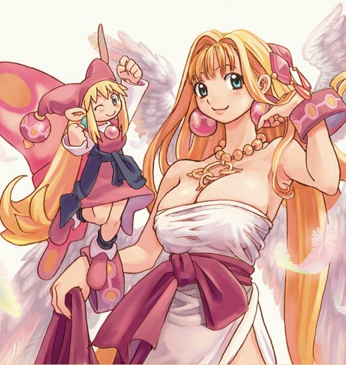 blonde_hair, breasts, cherie_espoir, cleavage, dress, earrings, fairy, feathers
