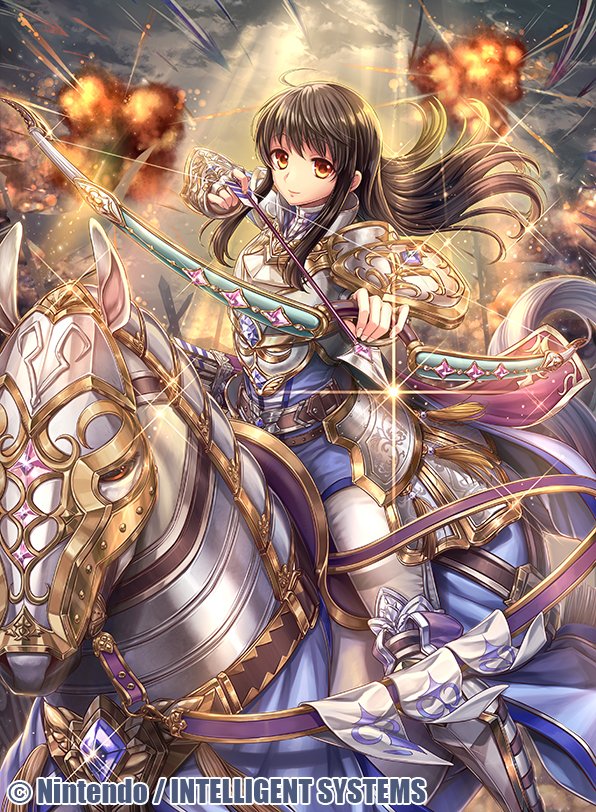 1girl, armor, astrid, bangs, bow_(weapon), breastplate, brown_eyes, commentary