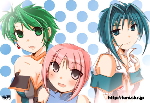 aya_kobayashi, bare_shoulders, blue_eyes, blue_hair, breasts, cleavage, earrings, green_eyes