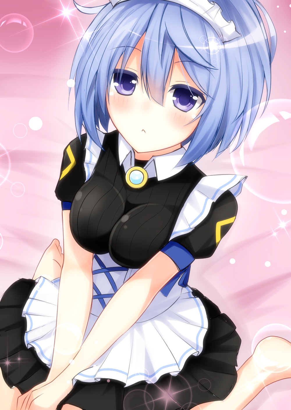 1girl, blue_eyes, blue_hair, blush, breasts, character_request, flower_knight_girl, frills