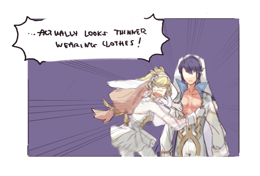 1boy, 1girl, alfonse_(fire_emblem), alternate_costume, animal_ears, assisted_exposure, blonde_hair, blue_background