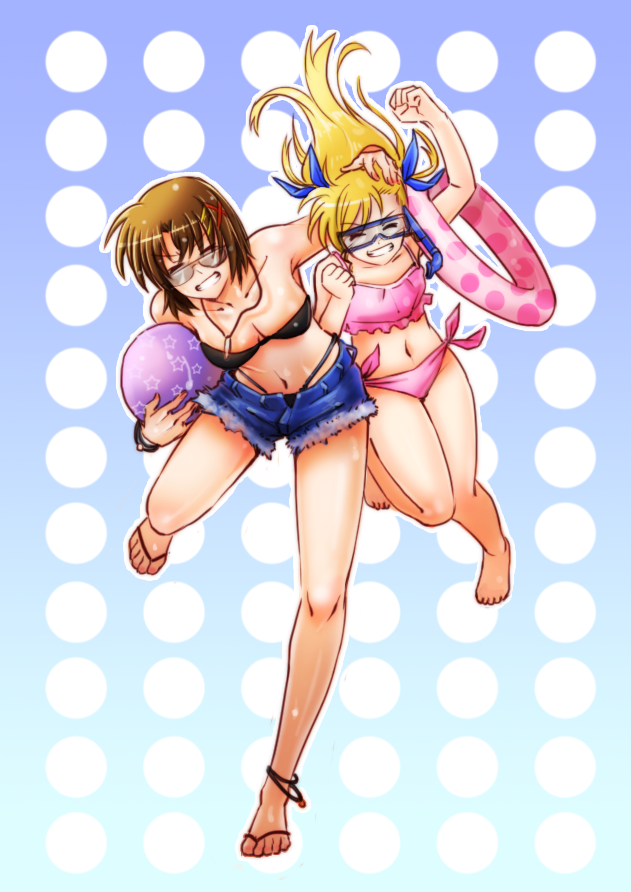 2girls, ball, barefoot, beachball, bikini, blue_ribbon, breasts, brown_hair