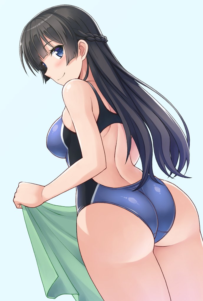 1girl, ass, backless_outfit, black_hair, blue_eyes, blue_swimsuit, blush, braid