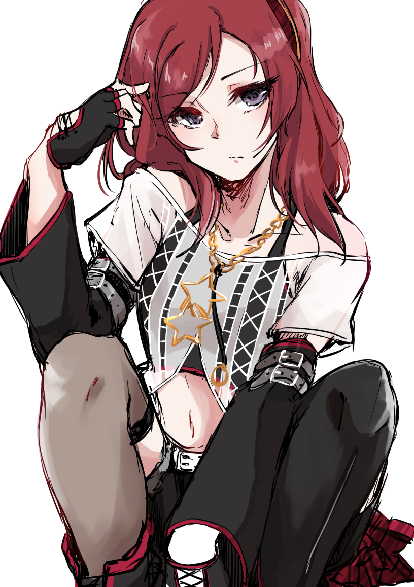 1girl, arm_belt, between_legs, black_gloves, black_legwear, chains, crop_top, detached_sleeves
