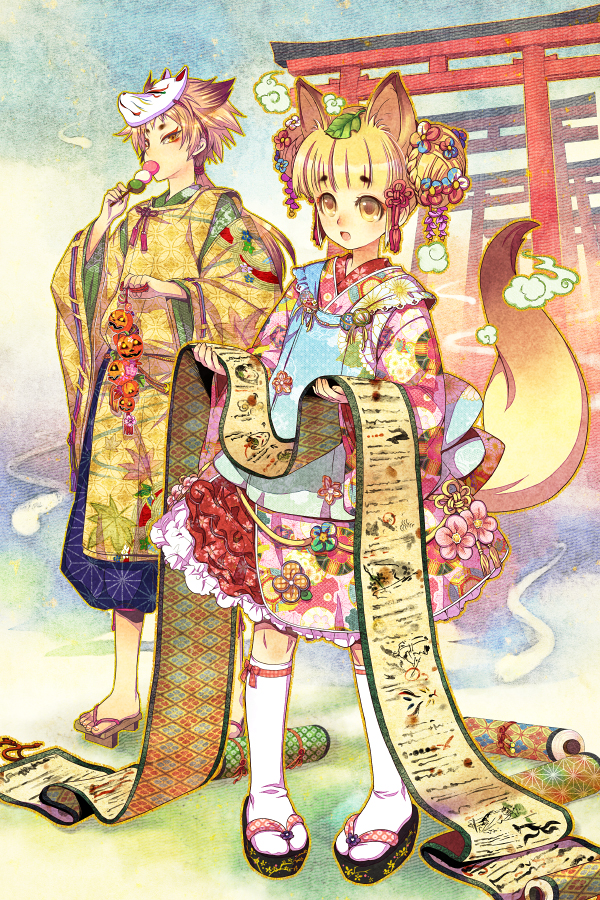 1girl, animal_ears, asa_no_ha_(pattern), blonde_hair, dango, food, fox, fox_ears, fox_mask, fox_tail, gimei, halloween, jack-o'-lantern, jack-o-lantern, japanese_clothes, mask, original, pumpkin, scroll, shippou_(pattern), socks, tail, wagashi, yellow_eyes