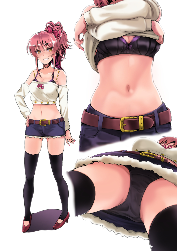 1girl, :d, arms_up, bare_shoulders, belt, belt_buckle, black_bra, black_legwear