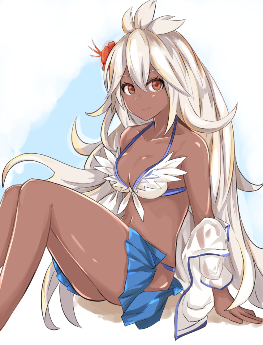 1girl, ahoge, akasabi, bangs, bare_shoulders, bikini, blue_skirt, breasts